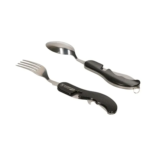 B Camping Germany Reisbestek - 4-delige - Camping Bestek - Outdoor Rvs Spork - Survival Mes / Vork / Lepel / Flesopener - Zwart thumbnail