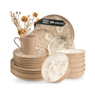 Moritz & Moritz Mariella Tafelservies Van Aardewerk Voor 6 Personen, 24-delig, Beige Met Speels Design, Onderhoudsvriendelijk Koffieservies Met