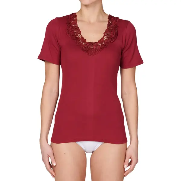 Toker Dames Hemd Kant, Korte Mouw 206/1 - 100% Katoenen Ondershirt Met Kant - T-shirt - 50 - Bordeaux thumbnail