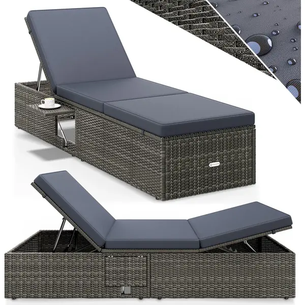 Casaria® Polyrattan Sun Lounger With 7cm Thick Water Repellent Cushion Fold-Out Table | 7-Way Adjustable Backrest 200x58cm | Outdoor Patio Garden thumbnail