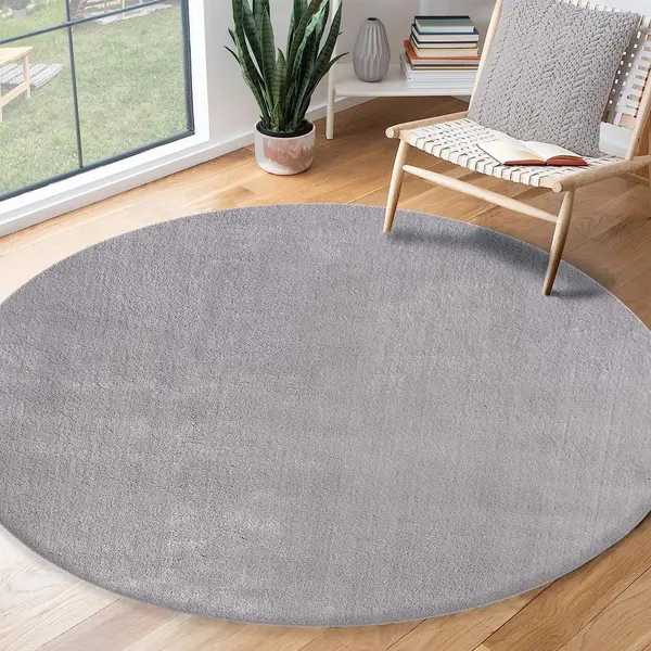 The Carpet Relax Rug, Modern, Fluffy, Short Pile, Non-Slip Underside, Washable Up To 30°C, Super-Soft, Fur Look, Grey, 160 Cm, Round thumbnail