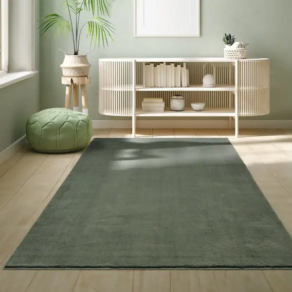 The Carpet Relax Rug, Modern, Fluffy, Short Pile, Non-Slip Underside, Washable Up To 30°C, Super-Soft, Fur Look, Dark Green, 60 X 110 Cm thumbnail