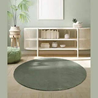 The Carpet Relax Rug, Modern, Fluffy, Short Pile, Non-Slip Underside, Washable Up To 30°C, Super-Soft, Fur Look, Dark Green, 120 Cm, Round