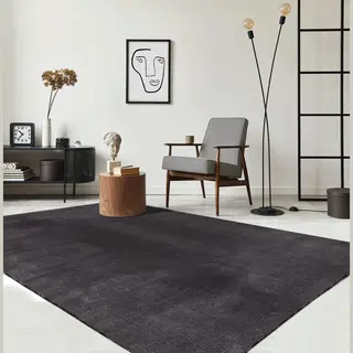 The Carpet Relax Rug, Modern, Fluffy, Short Pile, Non-Slip Underside, Washable Up To 30°C, Super-Soft, Fur Look, Anthracite, 60 X 110 Cm, Round