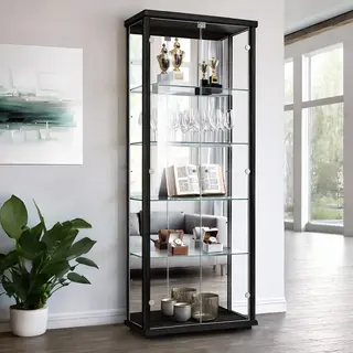 K-Möbel Glas Vitrinenschrank 2-Türig 176x67x33 Cm Made In Germany Mit Spiegel & Schloss & Led Schwarz