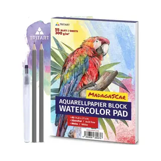 Tritart Aquarellpapier - Din A5 300g - 55 Blatt - Weiß - Säurefrei - Zeichenpapier - Aquarellpapier - Aquarellblock Din A5 Mit Wasserpinsel Und 2