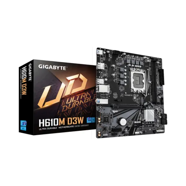 Gigabyte H610M D3W Mainboard - Unterstützt Intel Core Prozessoren der 14. Generation, 5+1+1 Phasen Vrm, bis zu 5600MHz DDR5, 1xPCIe 3.0 M.2, 1GbE Lan, Usb 3.2 Gen 1 thumbnail