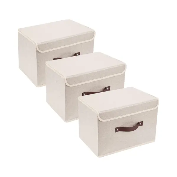 Opbergdozen Opvouwbare Opbergdoos Met Deksel, Stof, Afwasbaar, Opbergbak Met Deksel, 38x25x25 Cm, Set Van 3, Beige thumbnail