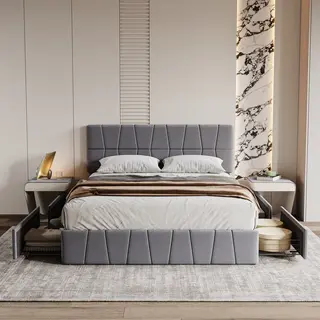 Rosahqnda Tweepersoonsbed 160 X 200 Cm, Gestoffeerd Bed Met Opbergruimte, 4 Lades, Volwassen/tienerbed, Lattenbodem, Slaapkamermeubilair, Fluweel, Grijs Zonder