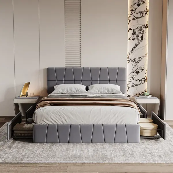 Rosahqnda Tweepersoonsbed 160 X 200 Cm, Gestoffeerd Bed Met Opbergruimte, 4 Lades, Volwassen/tienerbed, Lattenbodem, Slaapkamermeubilair, Fluweel, Grijs Zonder thumbnail
