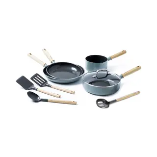 GreenPan Mayflower Gesundes Keramisches Antihaft-Kochgeschirr Topf- Und Pfannenset, 9-teilig, Vintage-Holzgriff, Pfas-frei, Induktion, Rauchblau, Blau