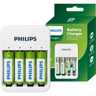 Philips Oplader Voor Aa/Aaa Batterijen Incl. 2xAA/2xAAA Batterijen (4 Pcs., Aaa, Aa, 1300 mAh, Oplaadbare Batterijen + Lader), Acculader