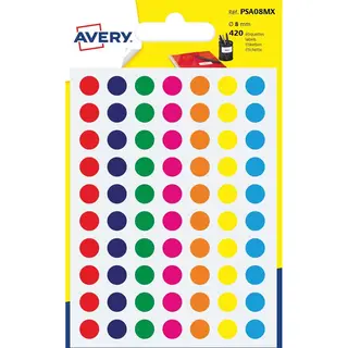 Avery PSA08MX Ronde Markeringsetiketten, Diameter 8 Mm, Blister Van 420 Stuks, Geassorteerde Kleuren 10 Stuks