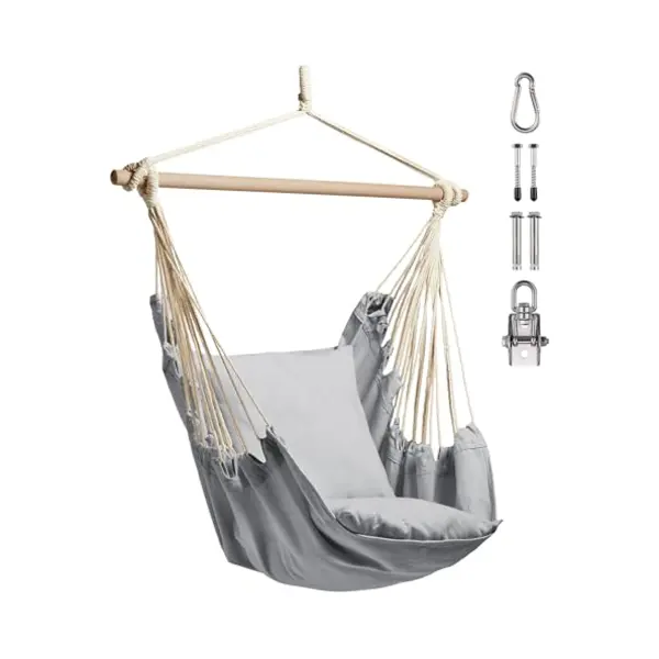 VonHaus Hanging Chair Outdoor With Attachments – Grey Garden Swing Seat & Hammock Chair, 1 Seater Rope Neutral Boho Style Portable Garden Seat For thumbnail