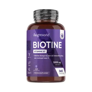 Weight World WeightWorld Biotine Haar Tabletten - 12.000 Mcg - Voor Sterk En Glanzend Haar - 365 Vegan Tabletten Voor 1 Jaar Voorraad