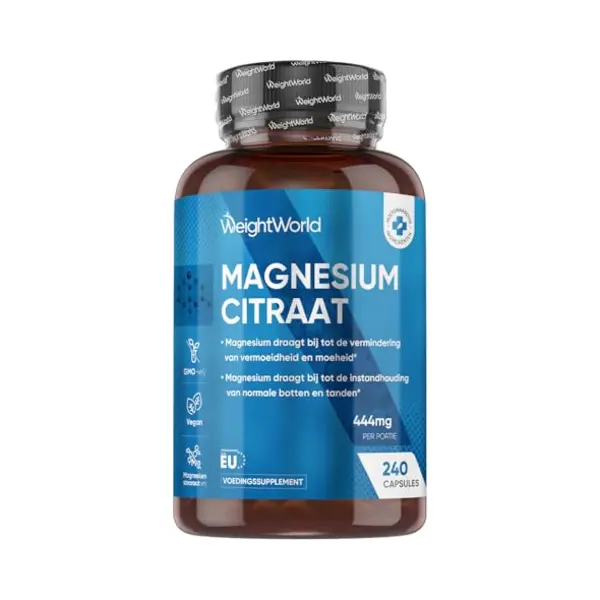 Weight World WeightWorld Magnesium Citraat - 1480 Mg - 240 Vegan Capsules Voor 4 Maanden - Hoge Biologische Beschikbaarheid - Goed Voor De Spieren thumbnail