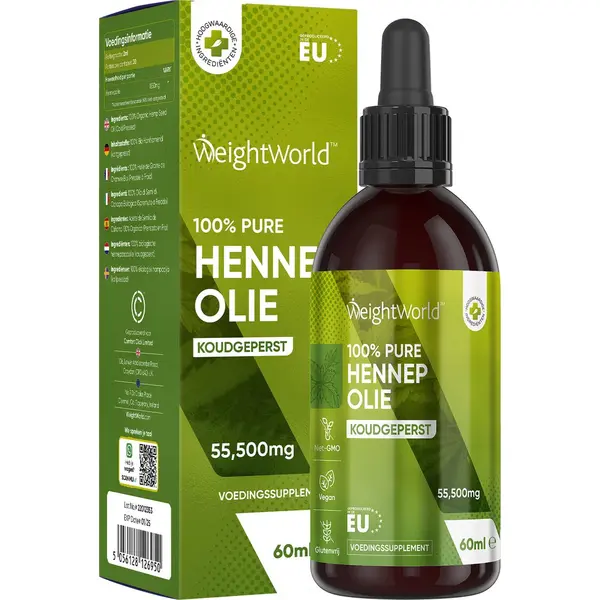 WeightWorld Pure Hennepzaadolie, 60 Ml, 60.000 Mg, Koudgeperst En Veelzijdig, Hennepzaad, Bron Van Essentiële Vetzuren Omega 3 6 9, Hemp Seed Oil Druppels Omega thumbnail