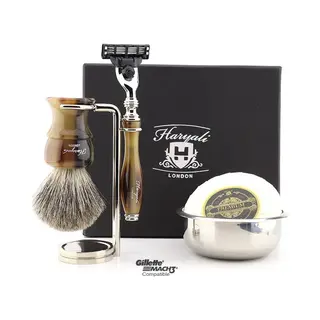 Haryali London Handgemaakte Herenscheerset Met Originele Scheerkwast, Scheermes Met 3 Snijkanten, Standaard, Zeep En Kom, Perfecte Cadeauset Voor Mannen