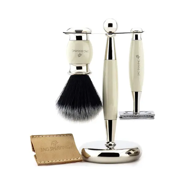 Jag Shaving Luxe Scheerset Voor Heren Dubbelzijdig Veiligheidsscheermes Met Lederen Etui, Zwarte Synthetische Scheerkwast Kom En Sta Perfecte Cadeauset (gebroken thumbnail