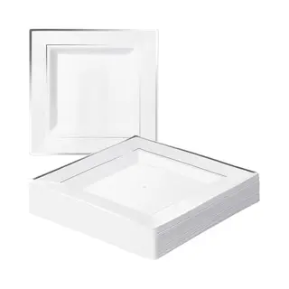 Matana 20 Weiße Plastikteller Mit Silbernem Rand (Eckig, 24cm) - Mehrweg Kunststoffteller, Partyteller Für Hochzeiten, Geburtstage, Partys -