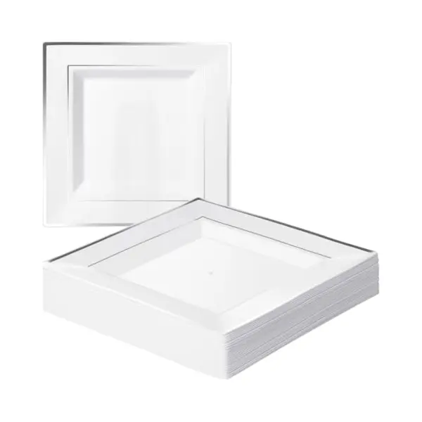 Matana 20 Weiße Plastikteller Mit Silbernem Rand (Eckig, 24cm) - Mehrweg Kunststoffteller, Partyteller Für Hochzeiten, Geburtstage, Partys - thumbnail