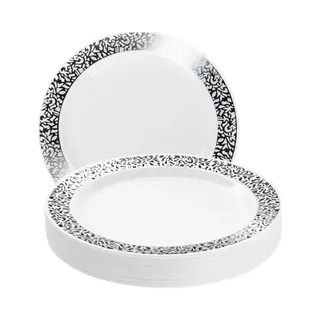 Matana 20 Premium White Plastic Dinner Plates With Silver Lace Rim, 26cm / 10 Inch - Elegant & Reusable Party Tableware For Weddings, Birthdays,