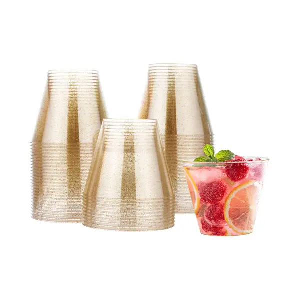 Matana 60 Premium Clear Hard Plastic Cups, Party Cups With Gold Glitter (255ml / 8.6oz) - Reusable Gold Plastic Glasses, Tumblers For Drinks, thumbnail