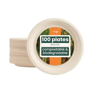 Haago 100 Strong Compostable Sugarcane Plates, 26 Cm / 10 Inch Dinner Plate – Heavy Duty, Grease- & Leak-Proof Paper Plates – Biodegradable &