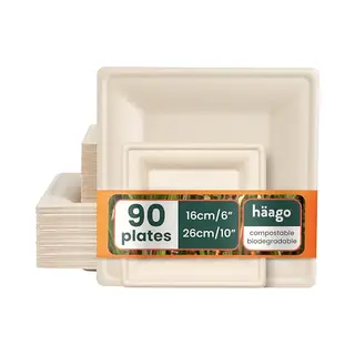 Häago Haago 90 Vierkante Wegwerp Bagasse Borden Voor Warm & Koud Eten (2 Maten, Groot, 26cm En Klein, 16cm) - Stevig, Stijf En Lekvrij - Biologisch
