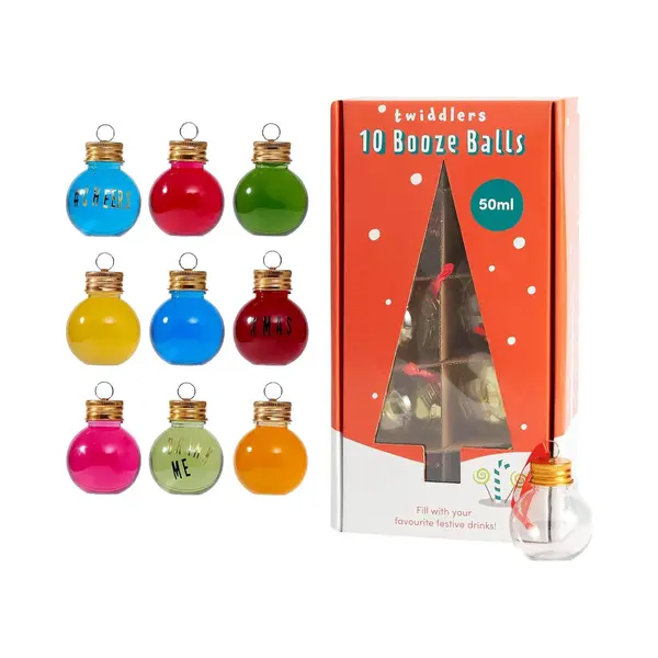 The Twiddlers 10 Fillable Christmas Baubles For Alcohol – 50ml Clear Plastic Ornaments With Stickers – Leakproof Diy Spirit Balls For Tree thumbnail