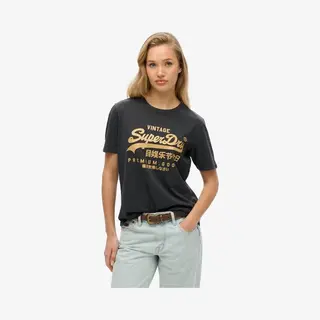 Superdry Damen Lässiges Vintage T-Shirt Mit Metallic-Logo Mittleres Heavy Metal Schwarz 40