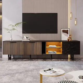 Pugsdrly Modern - Tv-kast 200 Cm - Zwarte Marmerlook & Donker Hout - Met Verstelbare Ledverlichting - 2 Deuren + 2 Lades, Geschikt Voor