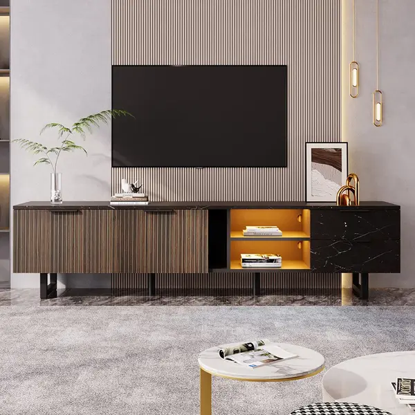 Pugsdrly Modern - Tv-kast 200 Cm - Zwarte Marmerlook & Donker Hout - Met Verstelbare Ledverlichting - 2 Deuren + 2 Lades, Geschikt Voor thumbnail