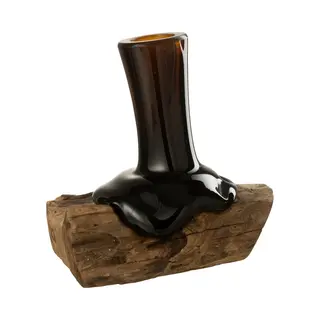 J-Line Vaas Op Voet Hoog Gamal - Hout/glas - Naturel/bruin - Small - 19.5 Cm Hoog