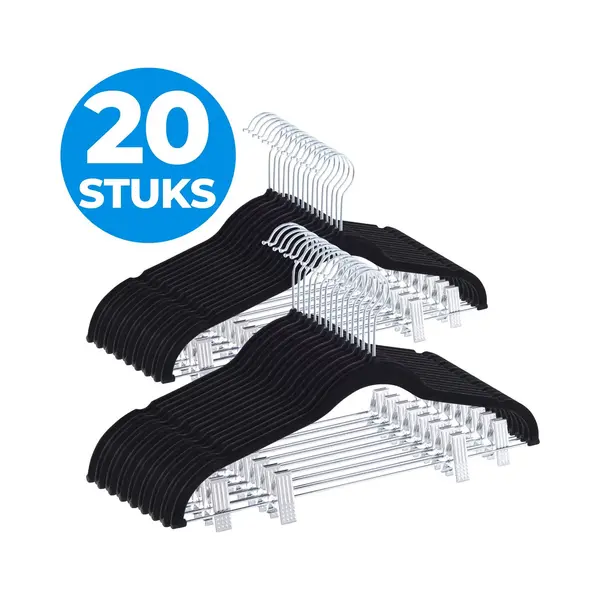 Acaza Kledinghangers - Broekhangers - Broekhangers Met Knijpers - 20 Stuks - Kleerhangers - Kledinghangers Anti Slip - Kledinghangers Zwart - Fluweel thumbnail