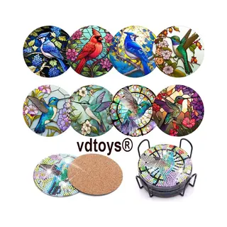 Vdtoys® Diamond Painting Voor Volwassenen - Onderzetters - Coasters - Onderleggers - Ronde Steentjes - 8 Stuks - Compleet Hobbypakket - Set D Vogels