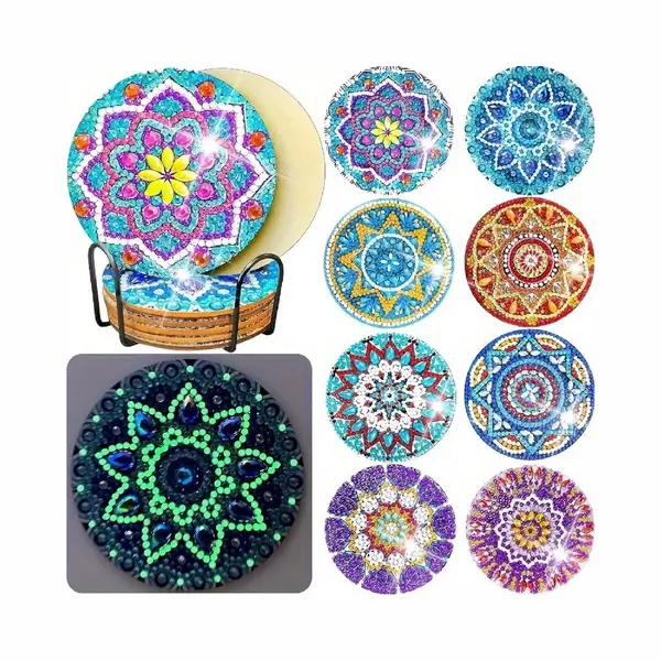 Vdtoys® Diamond Painting Voor Volwassenen - Mandala - Onderzetters - Coasters - Onderleggers - Ronde Steentjes - 8 Stuks - Compleet Hobbypakket - Set thumbnail
