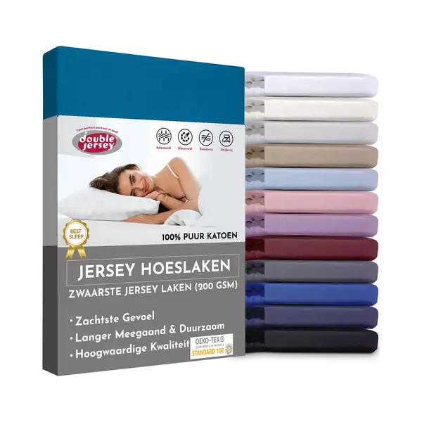 Double Jersey Hoeslaken - Hoeslaken 180x200+30 Cm - 100% Katoen Petrol thumbnail