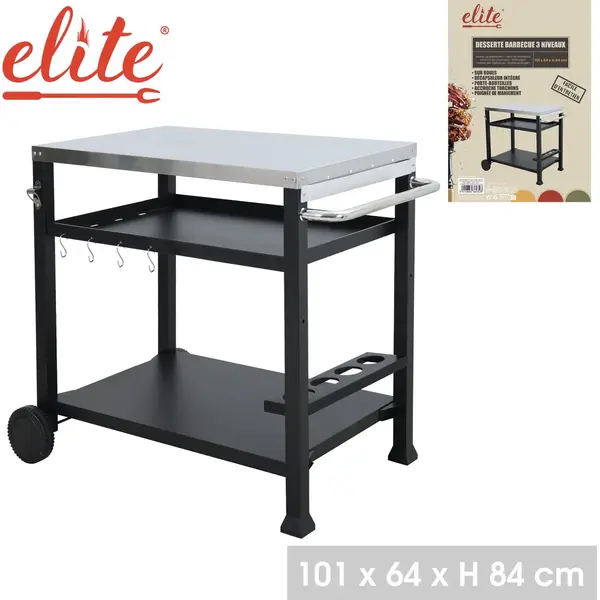 "Elite" Barbecuewagen 3 Niveaus In Staal Met 2 Wielen 101X64Xh84Cm thumbnail