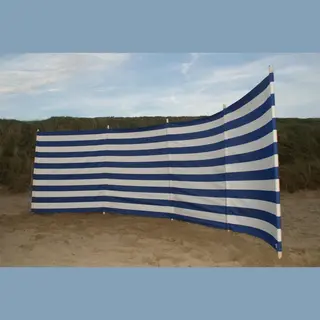 strandwindschermen.nl Strand Windscherm 5 Meter Dralon Kobalt Blauw/wit Met Houten Stokken