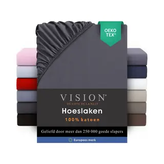 Vision home Vision Hoeslaken - 100% Katoen - 160x200 Cm - Donkergrijs - Toppermatras, Hoek Van 15cm - Tweepersoonsbed - Oekotex Gecertificeerd