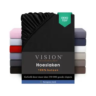 Vision - Hoeslaken, 180 X 200 Cm. Kleur, Zwart - 100% Katoen, 57 Draden, 4 Elastische Hoeken, 30 Cm Diepte.