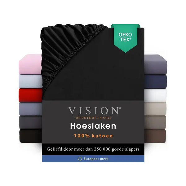 Vision Spannbettlaken - 100% Baumwolle - Spannbettuch 180 X 200 Cm Für Dobbelbett Und Matratzenhöhe Bis 30cm - Schwarz - 4 Elastische Ecken - thumbnail