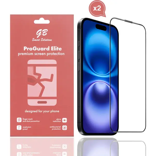 Gb Smart Solutions Gb ProGuard Elite Screenprotector Voor IPhone 16 Plus - 2 Stuks – Gehard Glas – Volledige Dekking – Krasbestendig & Schokabsorberend thumbnail