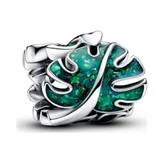 Pandora Moments Monstera Leaves Sterling Silver Charm With Holographic Glittery Green Enamel
