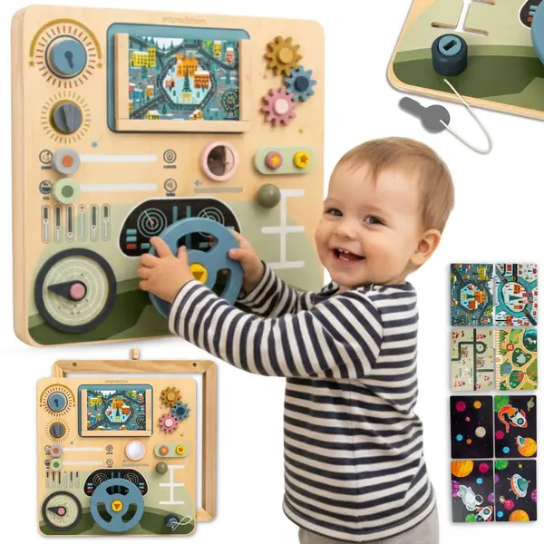 Mamabrum Montessori Lernbrett Space Board 2-in-1 – Cockpit Für Fahrer & Pilot – 8 Themenkarten, Lenkrad, Schaltknüppel, Radar – Holzspielzeug thumbnail