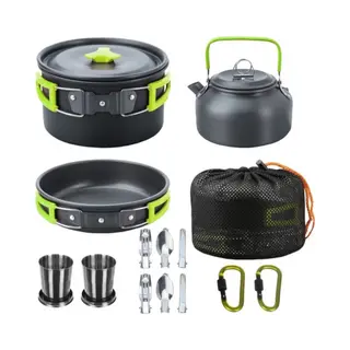 Trizand Camping Pannenset - Rvs - Zwart/groen - 18x Stuks - Kamperen - Campingservies