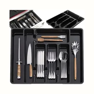 Ruhhy Besteckeinsatz Verstellbar 28-45 Cm Klein Für Löffel Gabeln Messer Küchenutensilien 5-7 Fächer Schubladeneinsatz Küche Schwarz 24748