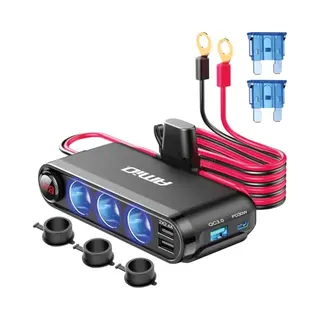 AMiO 3 X Dubbele Batterij Aansluiting Splitter Met (3 X Usb-A & 1 X Usb-C) 12 V/24 V Naar Voltmeter + Zekeringhouder Zwart