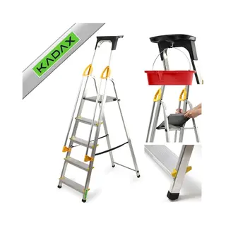 Kadax Aluminium Ladder Met Leuning, Trapladder, Belastbaar Tot 150 Kg, Ladder In 3 Versies, Inklapbare Huishoudladder Met Vak Voor Kwast En
